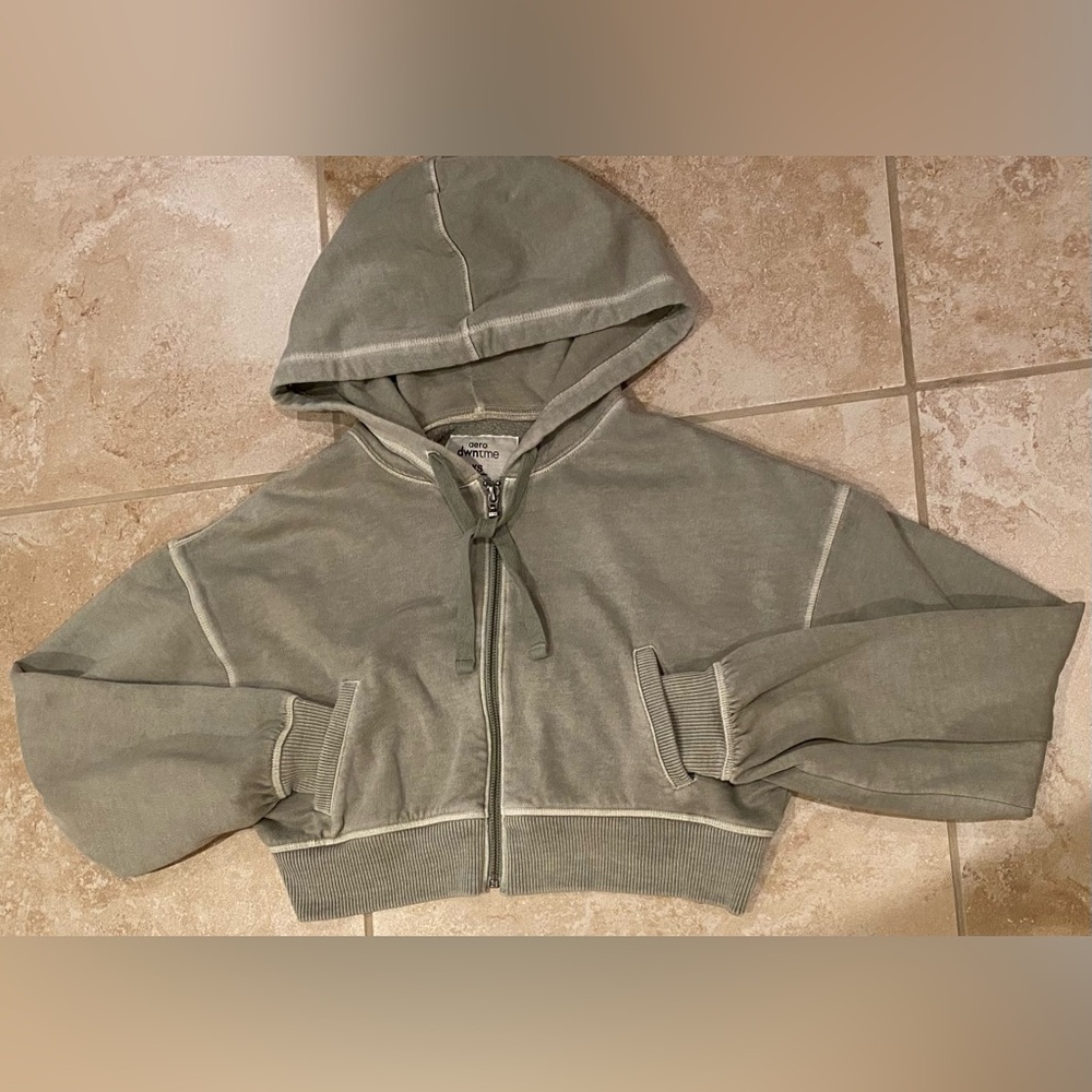 Aeropostale Oversized Cropped Full-Zip Hoodie Jacket (Washed Olive Green) - XS - Picture 9 of 11